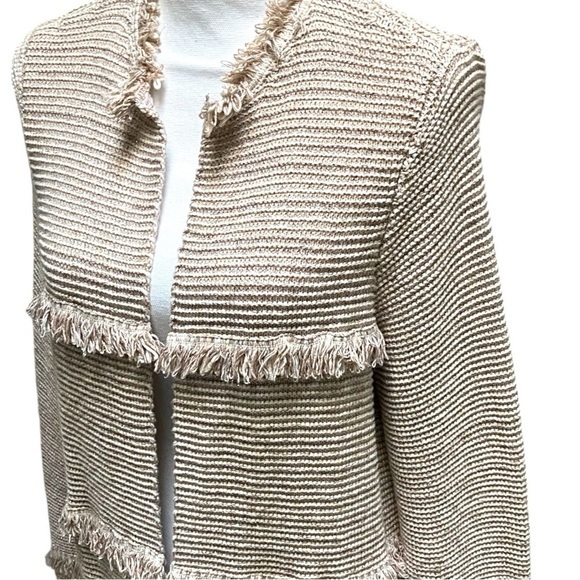 Chico's Cream & Tan Sparkle Open Front Knit Cardigan‎ with Fringe Detailing - Picture 5 of 10